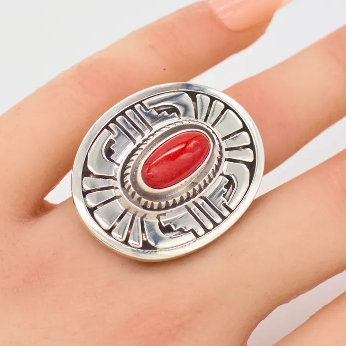 Rings Crown Jewels Coin Leonard Nez FourPiece Navajo Handmade Sterling Silver Coral Jewelry Set