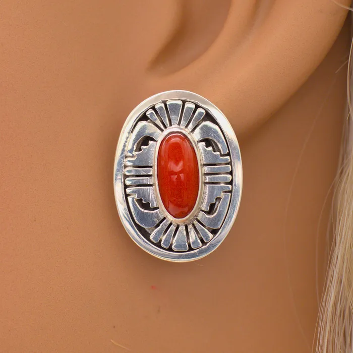Rings Crown Jewels Coin Leonard Nez FourPiece Navajo Handmade Sterling Silver Coral Jewelry Set