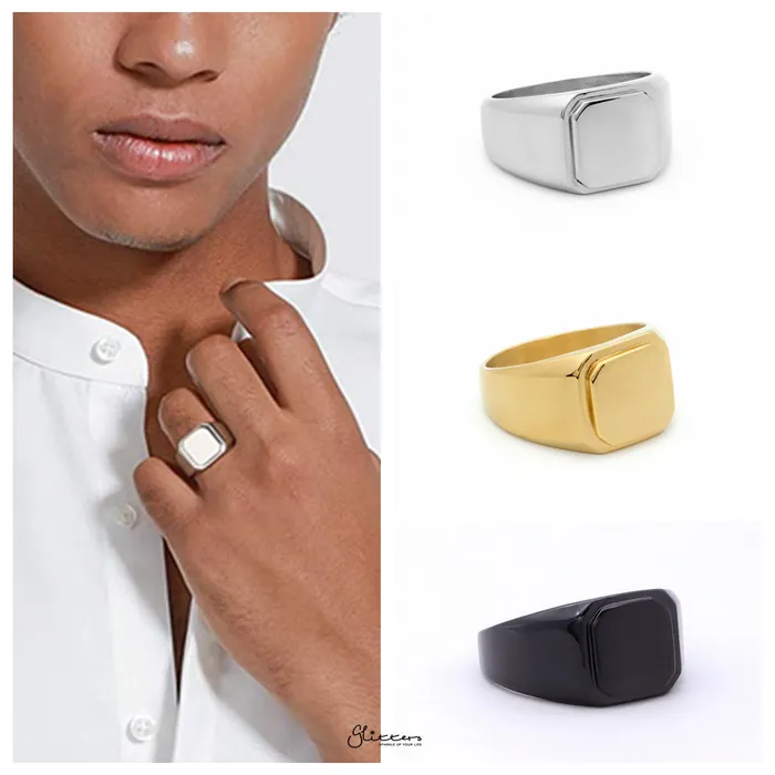 Rings Glitters Stainless Steel Square Flat Top Signet Ring Black Rings Glitters Stainless Steel Square Flat Top Signet Ring Black