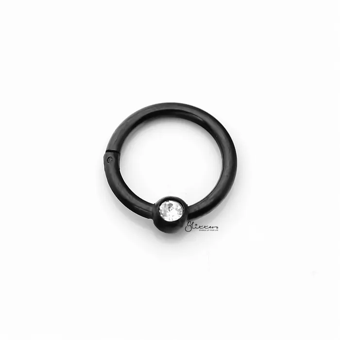 Surgical Steel Hinged Segment Hoop Ring with Clear Gem Ball Black Glitters Rings Surgical Steel Hinged Segment Hoop Ring with Clear Gem Ball Black Glitters Rings