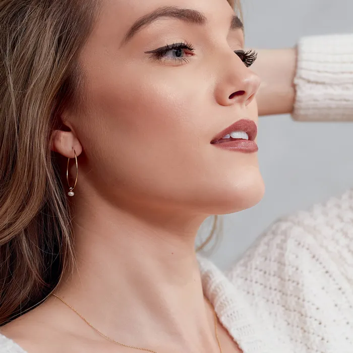 White Cultured Pearl Dangle 12 MM Hoop Earrings Solid 14K Yellow Gold 302 Fine Jewelry Earrings