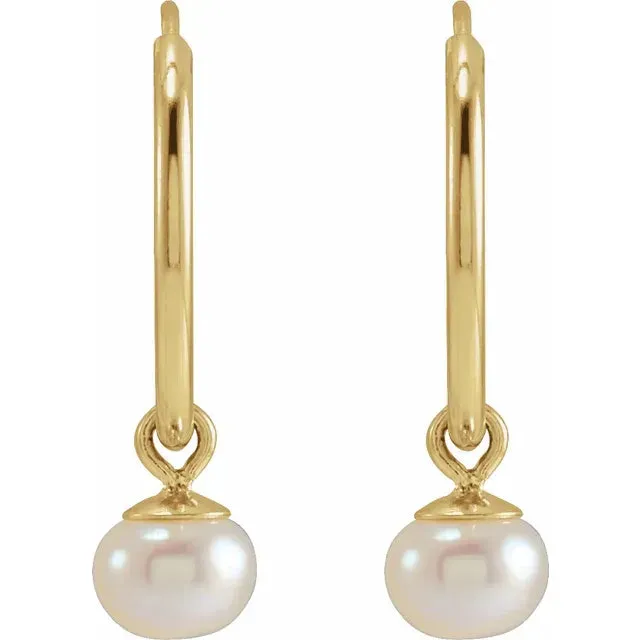 White Cultured Pearl Dangle 12 MM Hoop Earrings Solid 14K Yellow Gold 302 Fine Jewelry Earrings